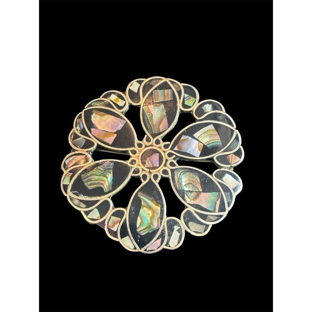 Vtg Abalone Inlay Round Pinwheel Convertible Black Brooch Alpaca Silver Mexico